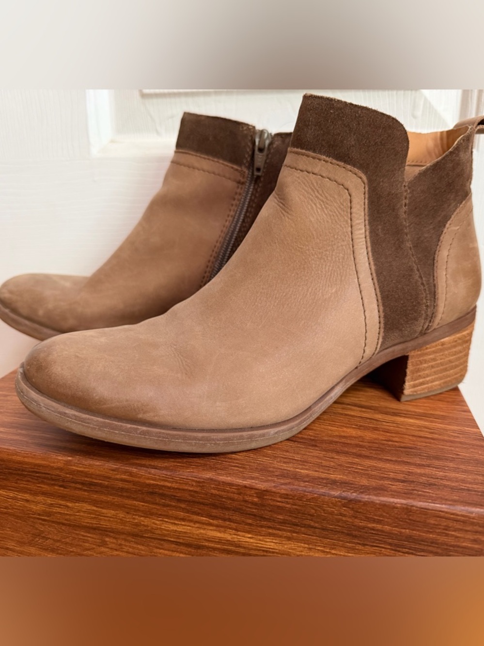 Kork-Ease Two-Tone Taupe and Dark Brown Leather Ankle Booties